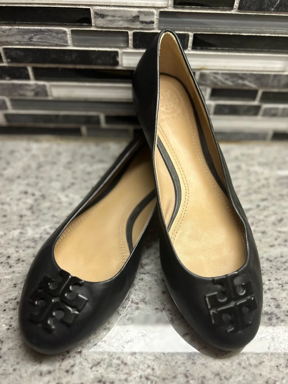 Tory Burch Black Leather Logo Ballet Flats with black Embossed Emblem size 6.5